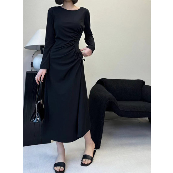 韓國熱賣  氣質顯瘦扭結腰長袖連身裙